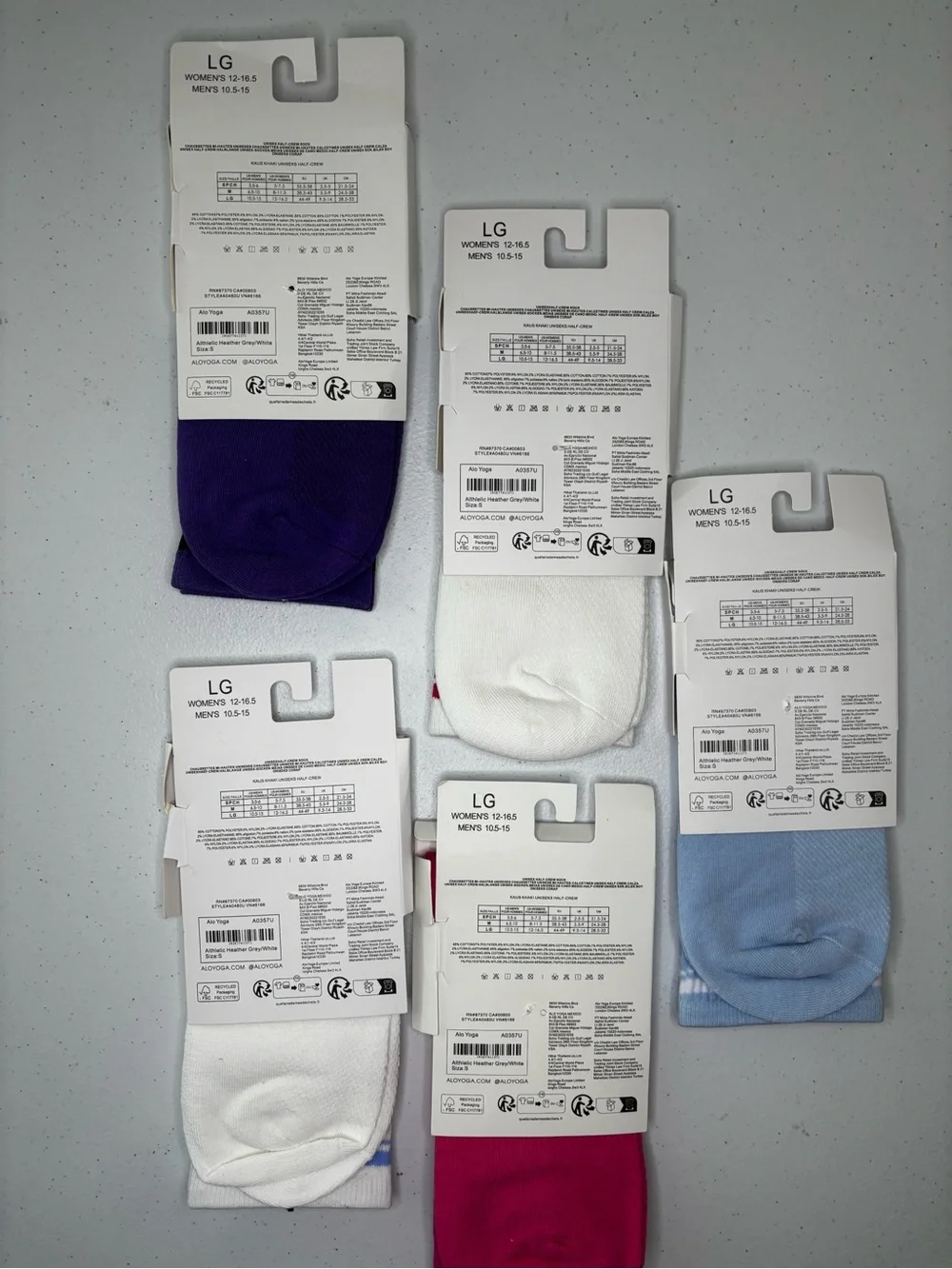 ALO Yoga Five Pack Half-Crew Socks in Purple, White, Light Blue, Pink,and Maroon